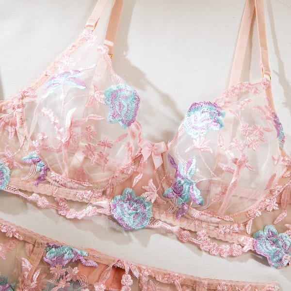 Elosung  Elegant Floral Embroidered Sheer Lingerie Set Pink Elosung