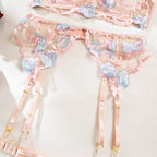 Elosung  Elegant Floral Embroidered Sheer Lingerie Set Pink Elosung