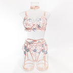 Elosung  Elegant Floral Embroidered Sheer Lingerie Set Pink Elosung