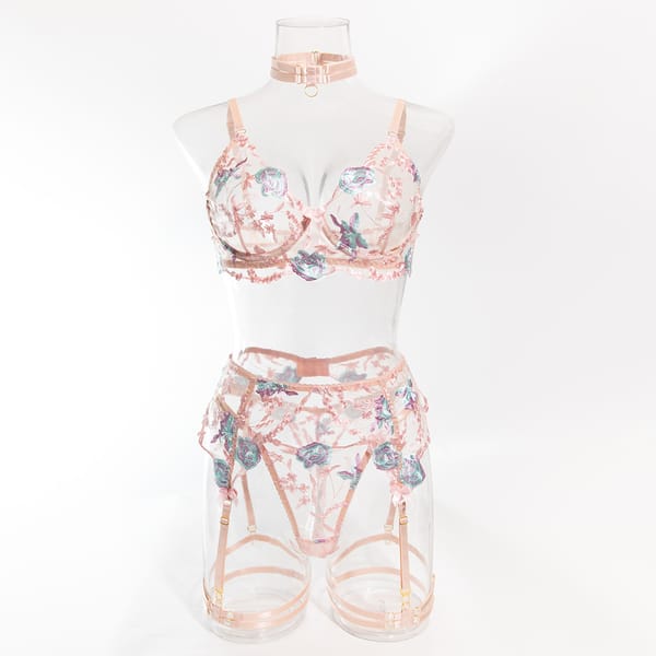 Elosung  Elegant Floral Embroidered Sheer Lingerie Set Pink Elosung