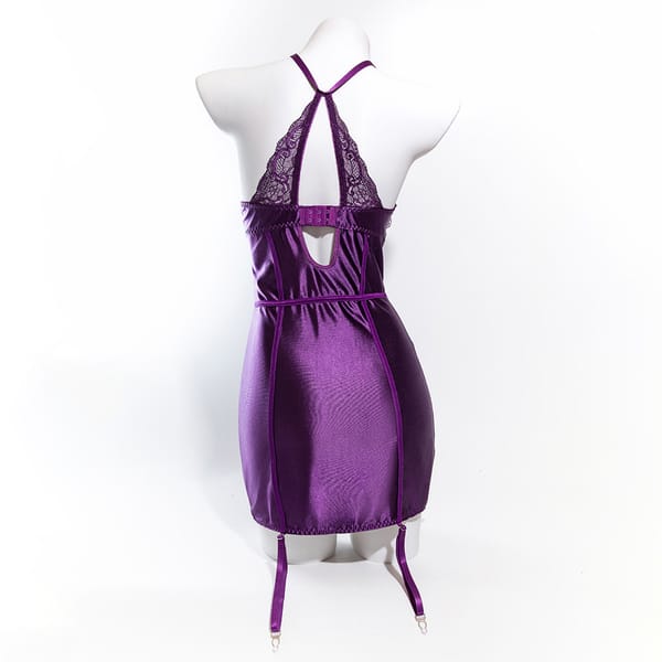 Elosung Purple Lace & Satin Corset Lingerie Dress Strapless Bustier With Halter Neck & Garters Purple Elosung