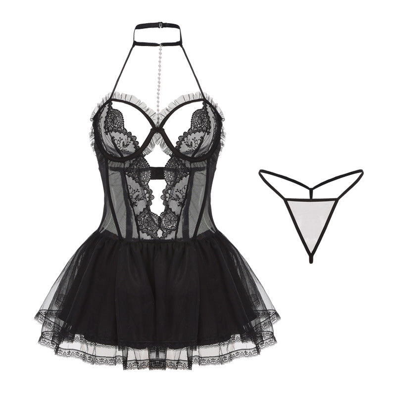Black Sexy Sheer Lace Nightgown Set - Tempting Lingerie Uniform for Women Main image