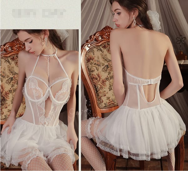Elosung Sexy Sheer Lace Nightgown Lingerie Set White Secondary image