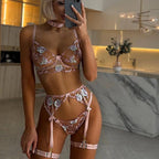 Elosung Sexy Sheer Floral Embroidery Lingerie Set Pink Elosung