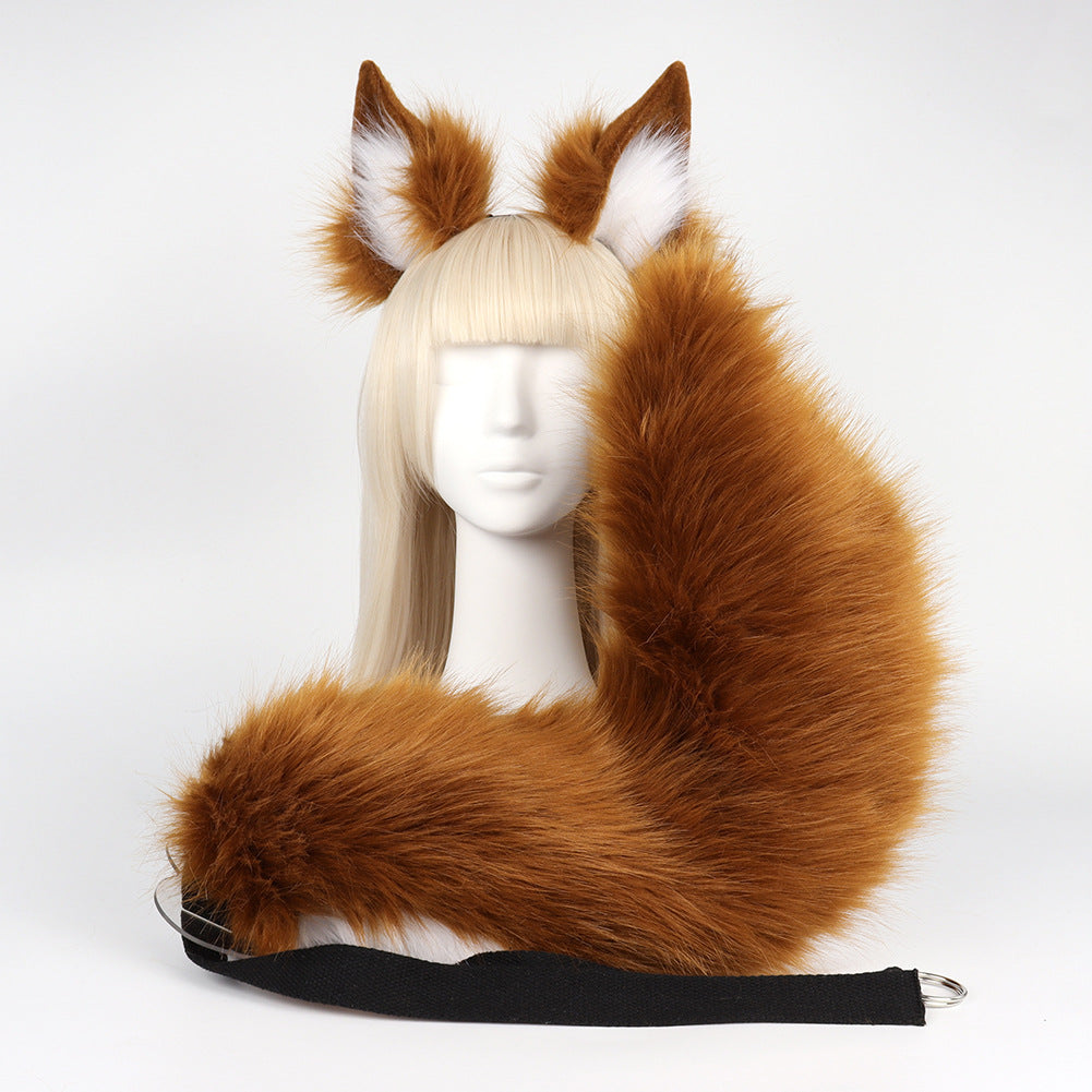 Brown Plush Faux Fur Fox Ears Headband and Tail Set - Realistic Animal Costume for Cosplay & Parties Main image