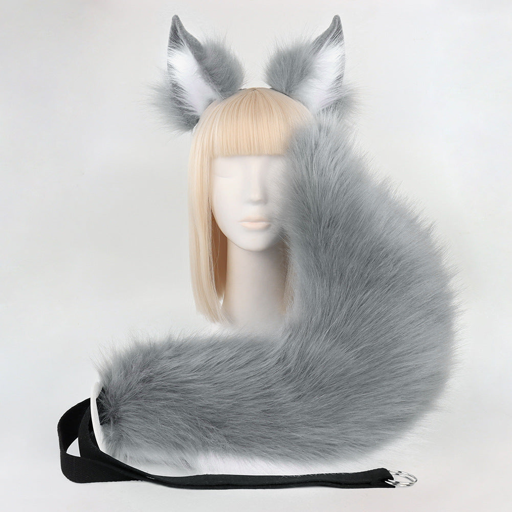 Grey Plush Faux Fur Fox Ears Headband and Tail Set - Realistic Animal Costume for Cosplay & Parties Main image