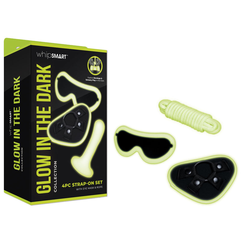 WhipSmart Glow In The Dark 4pc Strap-On Set Strap-On with Eye Mask & Rope 15.2cm Glow in Dark