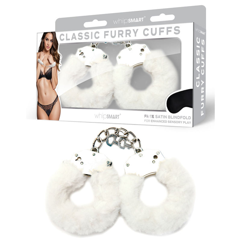 WhipSmart Classic Furry Cuffs Restraints With Bonus Eye Mask White