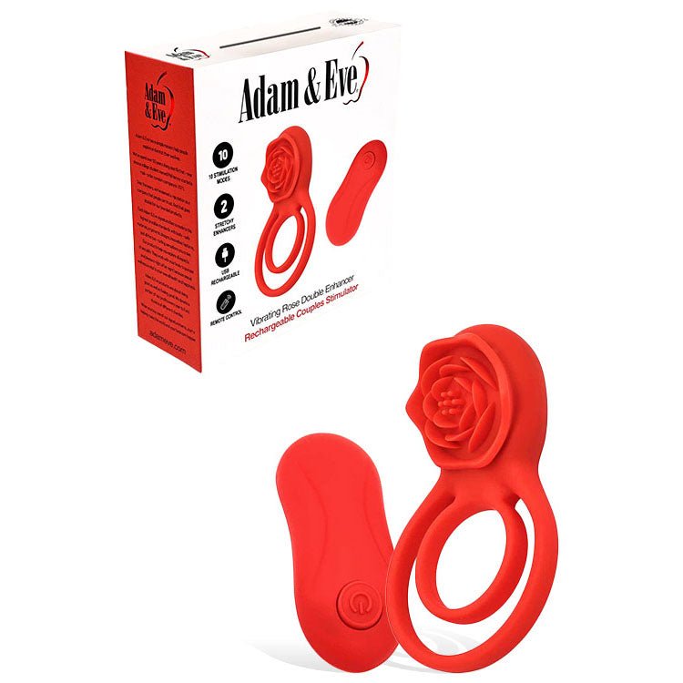 Adam & Eve VIBRATING ROSE DOUBLE ENHANCER USB Rechargeable Cock & Balls Ring With Remote - LOVVA