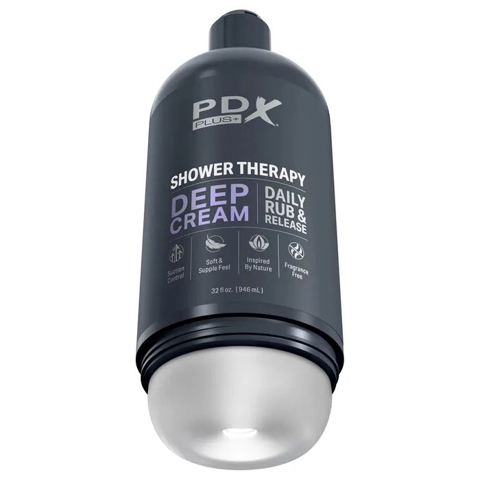Pipedream PDX Plus Shower Therapy Deep Cream Frosted Discreet Stroker With Suction Base Clear Pipedream