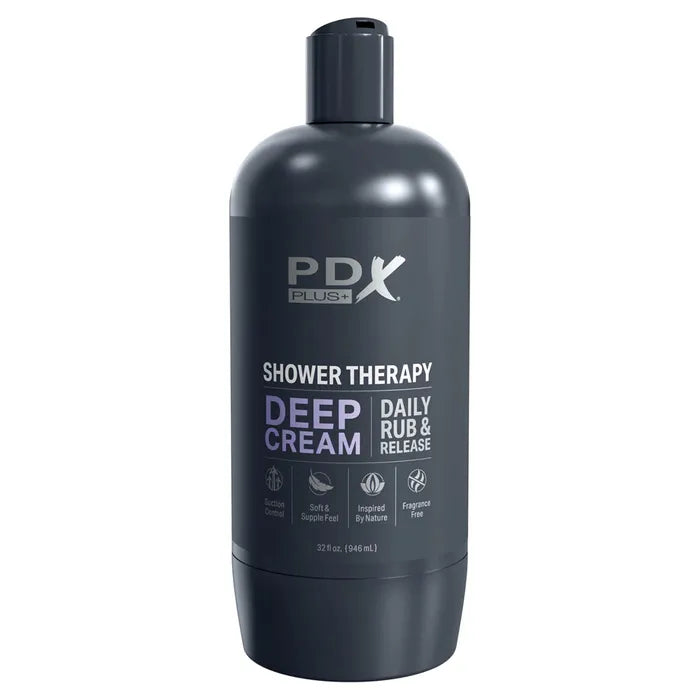 Pipedream PDX Plus Shower Therapy Deep Cream Frosted Discreet Stroker With Suction Base Clear Pipedream