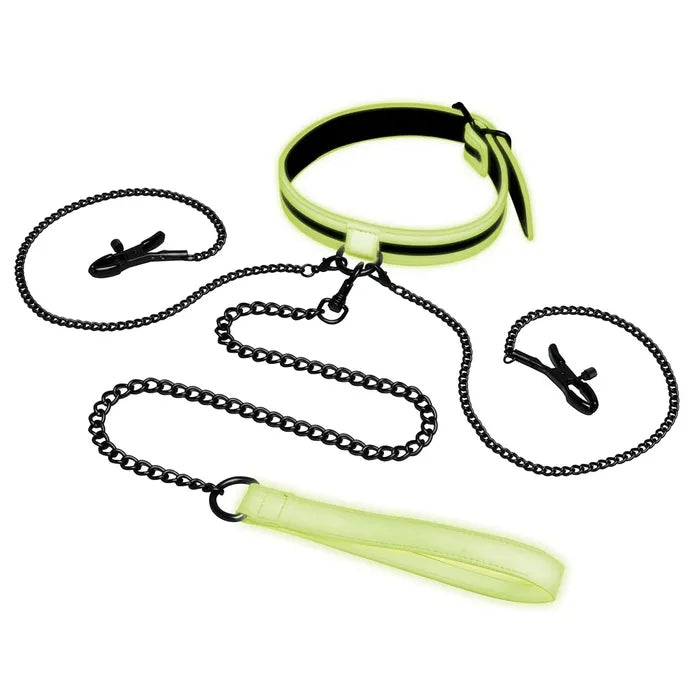 WhipSmart Glow In The Dark Collar With Nipple Clips & Leash Glow in Dark Restraint WhipSmart