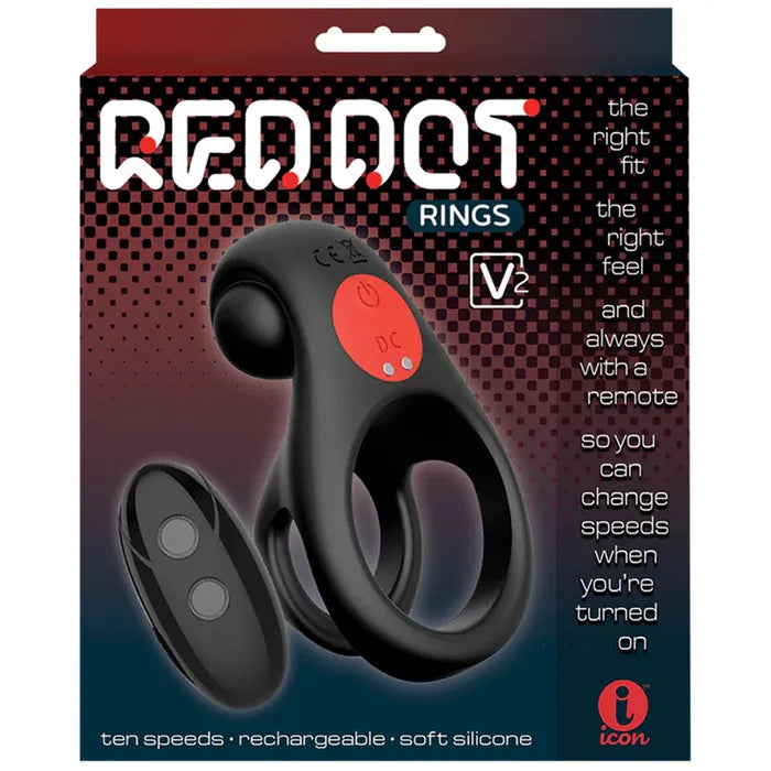 Icon Brands Red Dot Rings V2 USB Rechargeable Vibrating Cock Ring With Remote Black Icon Brands
