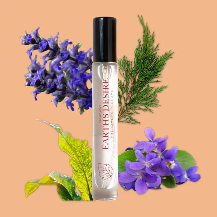 Roll-on bottle labeled 'Earth's Desire' with lavender and green leaves on a peach background