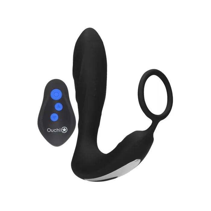 Shots Toys OUCH! USB Rechargeable Vibrating Butt Plug & Cock Ring with  E Stim Black Shots Toys