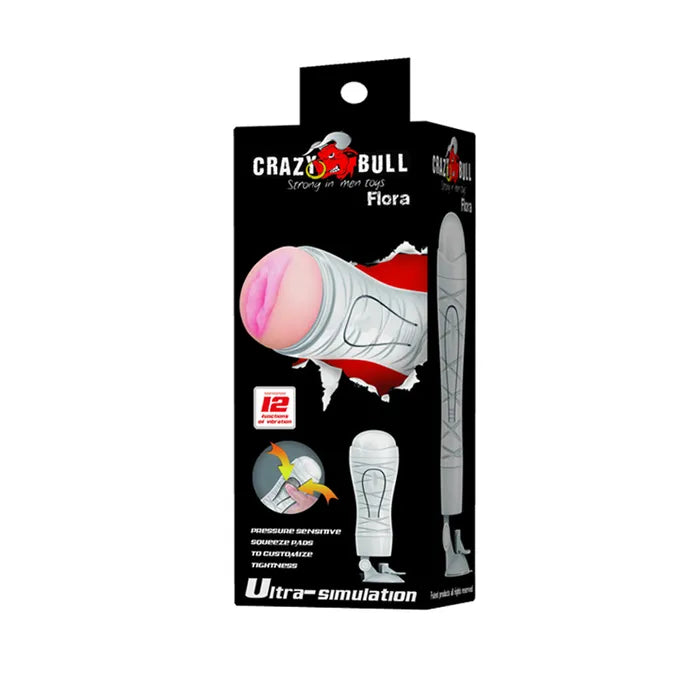 CRAZY BULL FLORA Vibrating Stroker USB Rechargeable Vibrating Squeezeable Vagina Stroker With Suction Base Flesh Crazy Bull