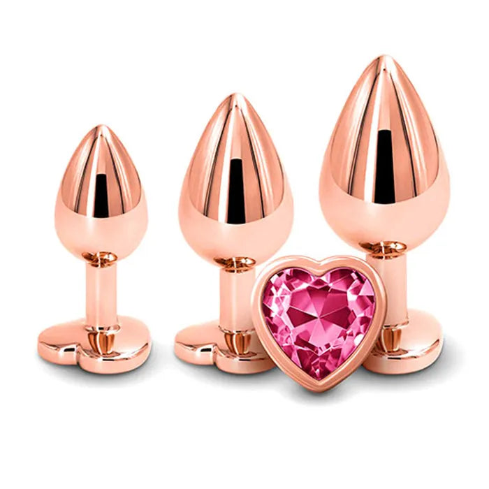 Adam & Eve ROSE GOLD HEART GEM ANAL TRAINING SET Metal Anal Plugs With Pink Gem Bases Set Of 3 Sizes