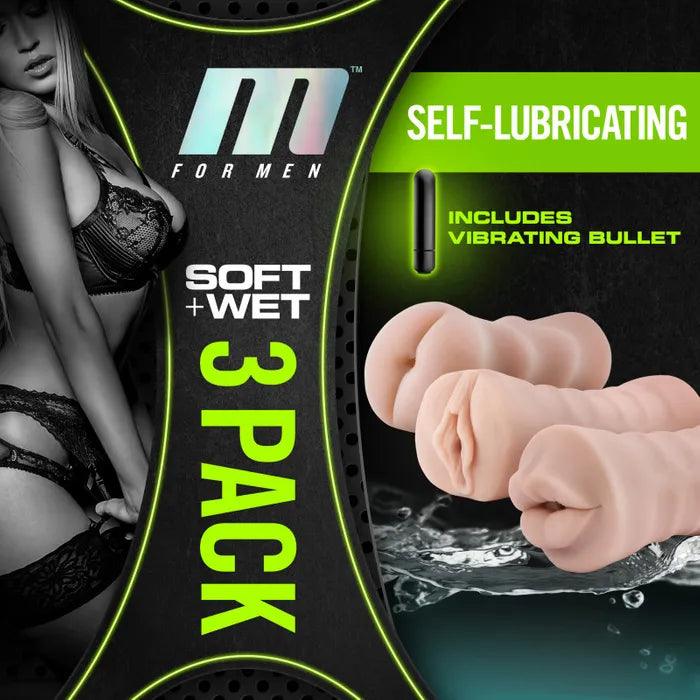 Blush Novelties M For Men Self Lubricating Vibrating Strokers 3 Pack Blush Novelties