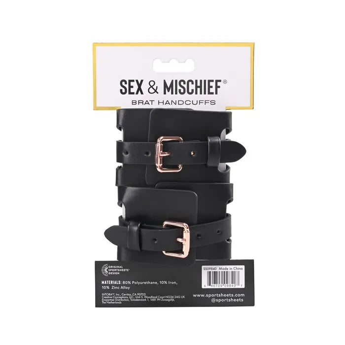Sportsheets Sex & Mischief Brat Handcuffs Gold Restraints Black / Rose Sportsheets