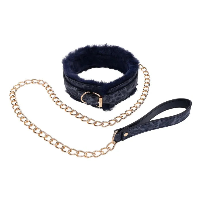 Sportsheets Sex & Mischief Cougar Fur Collar & Leash Furry Restraint Navy Blue / Gold Sportsheets