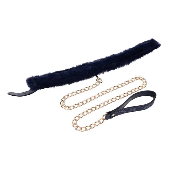 Sportsheets Sex & Mischief Cougar Fur Collar & Leash Furry Restraint Navy Blue / Gold Sportsheets