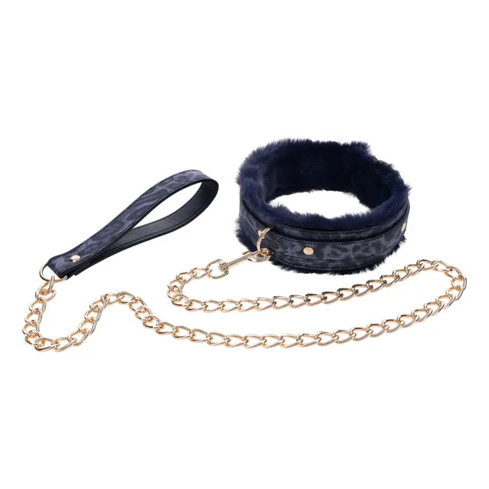 Sportsheets Sex & Mischief Cougar Fur Collar & Leash Furry Restraint Navy Blue / Gold Secondary image