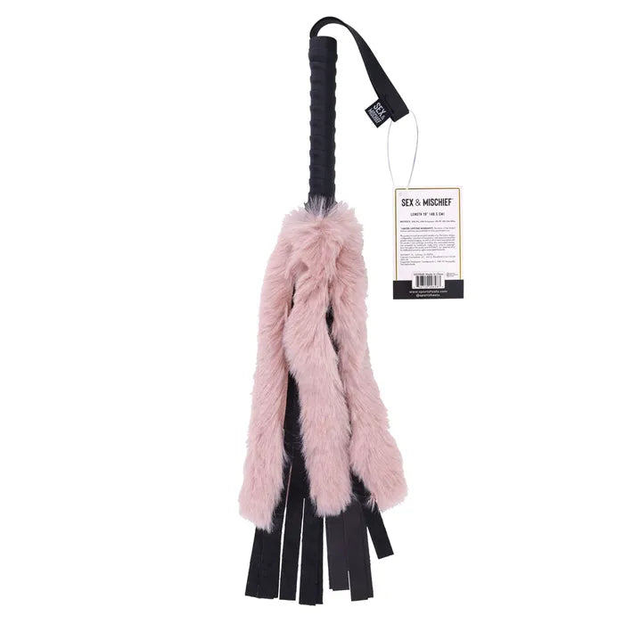 Sportsheets Sex & Mischief Brat Faux Fur Flogger Black Whip With Pink Faux Feather 50cm Sportsheets