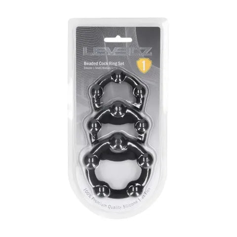 Shots Toys LEVELZ Beaded Silicone Cock Ring Set Of 3 Sizes Black Shots Toys