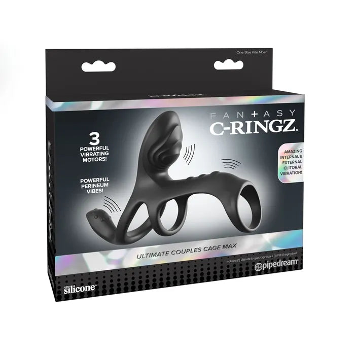 Pipedream Fantasy C Ringz Ultimate Couples Cage Max USB Rechargeable Vibrating Cock Ring Cage Black Pipedream