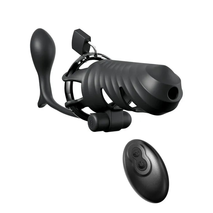 Pipedream Fantasy C Ringz Remote Controlled Vibrating Cock Blocker With Ass Gasm Plug Black Vibrating Cock Cage With Anal Plug Pipedream Main image