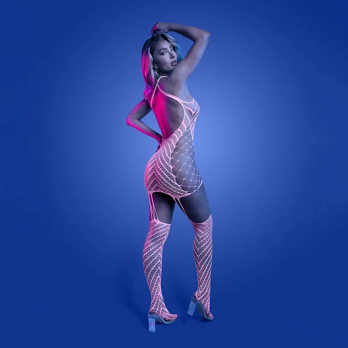 Fantasy Lingerie GLOW Metamorphic Bodystocking Glow In Dark Pink One Size Fantasy Lingerie