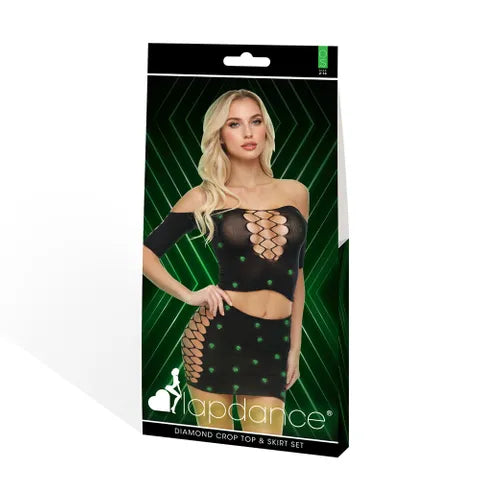 XGEN Products LAPDANCE Diamond Crop Top and Skirt Set One Size Black Glow In The Dark Pattern XGEN Products