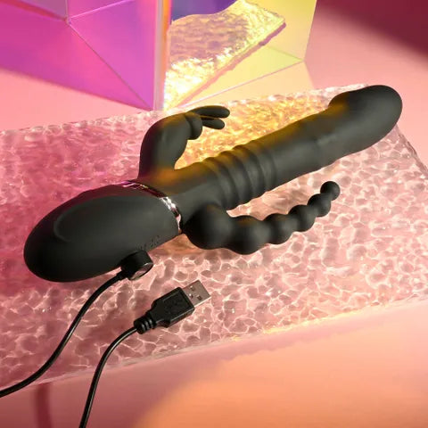 Playboy Pleasure BIG BUNNY ENERGY USB Rechargeable Rabbit Vibrator With Anal Beads Black 26.2cm Playboy Pleasure
