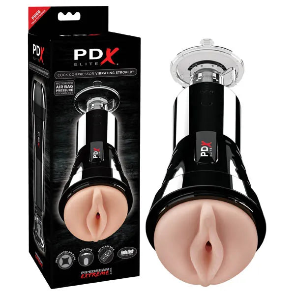 Pipedream PDX Elite Cock Compressor USB Rechargeable Vibrating Pussy Stroker With Suction Base Flesh