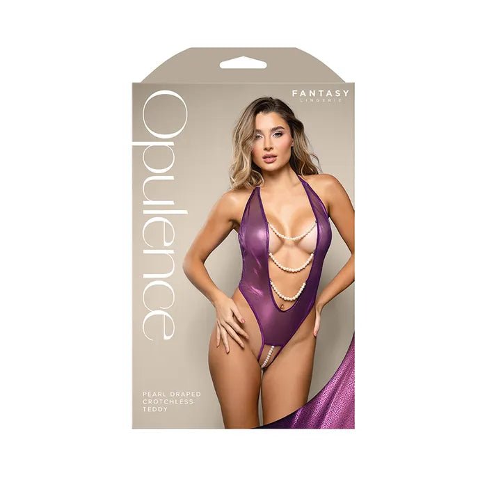 Fantasy Lingerie OPULENCE Pearl Draped Crotchless Teddy Purple - LOVVA