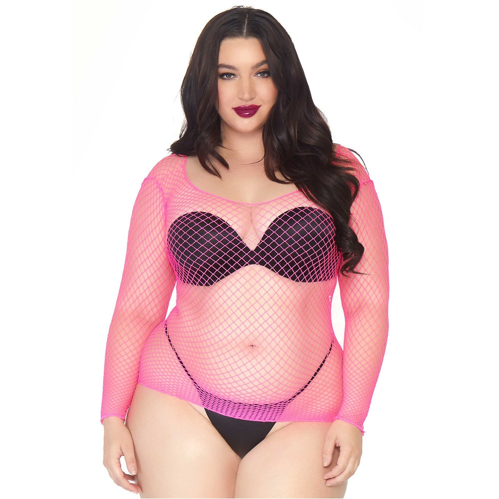 Leg Avenue Long Sleeved Industrial Net Top Neon Pink Plus Size Leg Avenue