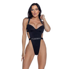 PlayBoy Black High-Leg 1 Pc Swimsuit with Rhinestone Logo Main image